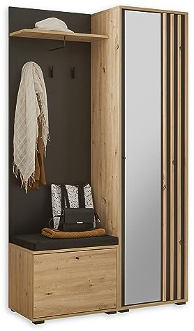 VOLANO Flurgarderoben Flur Set Artisan Eiche Optik Schwarz 114 x 197 x 40cm | Moderne Kompaktgarderobe Garderobe mit Spiegel, Paneel und Schuhbank, Lamellenoptik, viel Stauraum für den Eingangsbereich