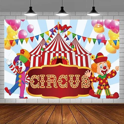 Hintergrund Zirkus Texttafel Clowns Zelte Bunte Wimpelketten rosa gelbe Luftballons Blaue Radiale Streifen Hintergrund Geburtstagsfeier 300x200