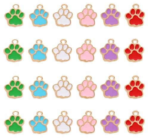 XCSJ 24pcs Pfotenabdruck Charms Emaille Katzen Fußabdruck Charms Tier Pfoten Charms Hund Pfotenabdruck Charms Fußabdruck Emaille Charms Anhänger für Halskette, Armband, Schmuck, Diy Basteln-6 Farbe