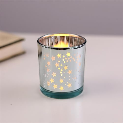Hiseng Teelichthalter 4er-Set Glas Kerzenhalter Votivkerzenhalter Sternmuster Teelichtgläser Kerzenleuchter Teelichter Dekoration für Weihnachten Tischdeko, Hochzeit, Party (Silber)