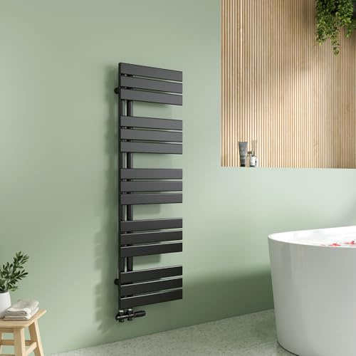 EMKE Sèche Serviettes à Eau Chaude 570 W, 132 x 40 cm, Noir | Radiateur Panneau, Porte-Serviettes pour Le Chauffage de la Salle de Bain, Chauffe Serviettes à température constante