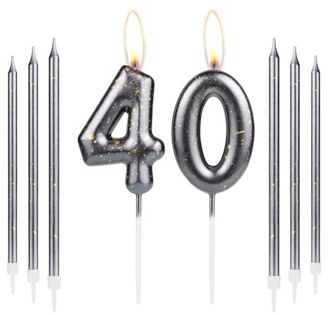 mciskin Black Gold 40th Birthday Candles, Number 40 Candles for Cake, Women Men 40th Birthday Decorations, Black Gold Long Candles Cake Topper