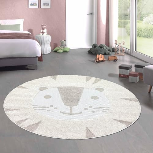 CARPETIA Kinderteppich Rund Katzenmuster Creme Braun rutschfest Ø 200 cm | Weich, pflegeleicht, strapazierfähig, rutschfest und allergikergeeignet, schadstofffrei, OEKO-TEX geprüft, mit 3D-Effekt