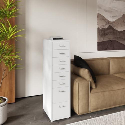 [en.casa] Rullbehållare Kökar lådskåp metall arkivskåp med 8 lådor kontorsvagn med hjul för arbetsrum 109 x 28 x 41 cm vit