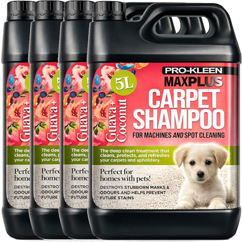 Pro-Kleen MAXPLUS Carpet Shampoo Cleaner – Premium Formula to Remove Dirt, Stains & Marks – Removes Pet Deposits & Odours – Suitable for all Machines (Coconut and Guava Fragrance, 4 x 5 Litres)