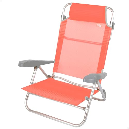 AKTIVE Chaise de Plage Pliante, 8 Positions, Couleur Corail, 47X49X82 cm, Coussin Rembourré Inclus, Poignées de Transport, Supporte 110 kg, Dossier Inclinable, Multi-Position (62665)