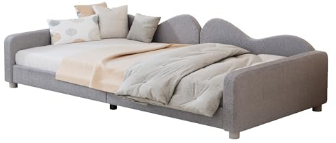 Azkoeesy Tagesbett 90 x 200 cm mit Teddystoffbezug, Kinderbett/Polsterbett/Jugendbett/Einzelbett mit Lattenrost, für Schlaf- und Wohnzimmer (Keine Matratze) – Farbe Grau