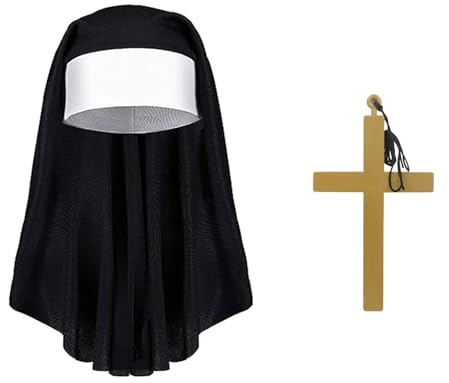 XNHIU 2 Stück Halloween Nonne Kostüm Zubehör Nonne Kopfbedeckung Gold Kreuz Halskette Halloween Fasching Thema Party Zubehör für Frauen