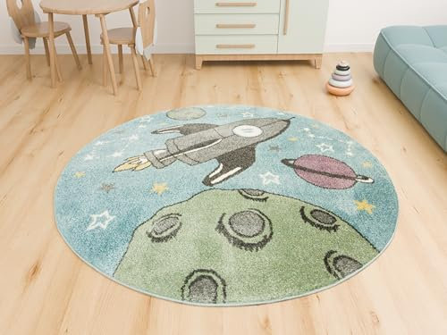 AKCILA Lima runden Kinder Teppich 100 cm, Kinderzimmer Kurzflor Teppiche, Kinderteppich Mädchen, Jungen, Kids Carpet, Spielteppich Kinder Babyzimmer Tepich, Rakete, Planeten,Wohnzimmer Teppich