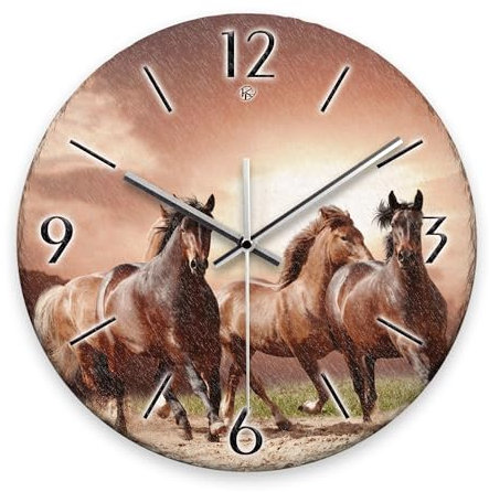 Kreative Feder Wanduhr „Wilde Pferde“ aus Stein (Keramik) in Schiefer-Optik; Durchmesser 30cm; mit leisem Uhrwerk (Wilde Pferde, leises Funkuhrwerk)