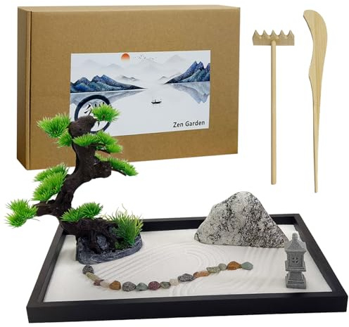 LuXianYS Japanese Zen Garden Kit, Mini Rock Garden Meditation Gift Set, Zen Sand Kit - Meditation Gifts with Rake, Sand, Rocks and Trees, for Home & Office Desk Accessories