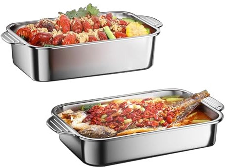 CTCOIJRN Bandeja for asar de horno de cocina de acero inoxidable Olla rectangular for asar Bandeja for hornear de 5 tamaños con asas Plato hondo Plato for servir for pavo Carne de res Pescado Verduras