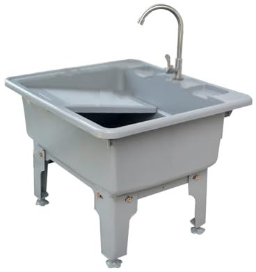 Fregadero De Lavandería De Plástico, Fregadero De Servicios Públicos Con Tabla De Lavar, Estación De Lavado Independiente Con Grifo De Agua Fría Y Caliente Para Cocinas Cuarto De Lavado(Grey,68x58x46c