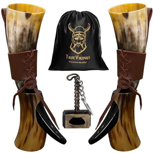 Drinking Horn — 10-12 Inch Viking Gifts for Men & Women | With Thor Bottle Opener & Stand | Handmade & Real Ox Horns | Norse Viking Cup Perfect For Beer, Ale, Mead (12 Oz) (Shine Polished Pack of 2)
