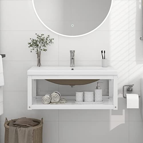 NQJIBUE Home Garden,Bathroom Washbasin Frame with Built-in Basin White Iron
