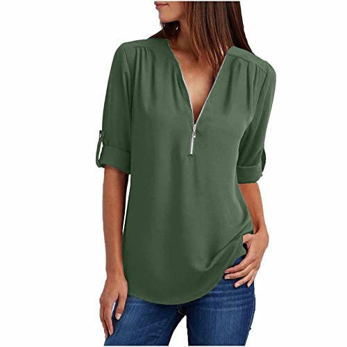 BFSWL Blouse Femme Couleur Unie Tunique Col Zippé Mousseline de Soie Col en V Hauts Grande Taille Chemisier à Manches Enroulables Printemps Manches Longues T Shirt Été Manches Courtes Tshirt