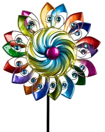 formano Buntes Windrad Blume Garten Metall Windspiel Windmühle 124 cm Gartendeko Blumenstecker Taubenabwehr Vogelabwehr Acryl-Steine Gartenfigur Dekoration Außen Windspiel Metall-Blume