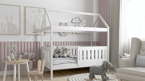 BDW Kinderbett Hausbett 80 x 160 cm oder 80 x 180 cm, Rausfallschutz, Lattenrost - Massivholz Hausbett für Kinder - Bett in Weiß (180x80 ohne Schublade)