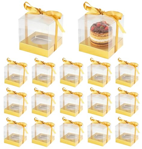 WENLISELL 24 scatole singole per cupcake, 9 x 9 x 9 cm, trasparenti con base, contenitori dorati per cupcake, per compleanni, matrimoni, feste