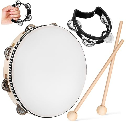 Kisangel 1Satz Tamburin mit Holzschlägeln Handtrommel Percussion Musikinstrument für Erwachsene Leicht Einfach zu Bedienen für Auftritte und Übungen