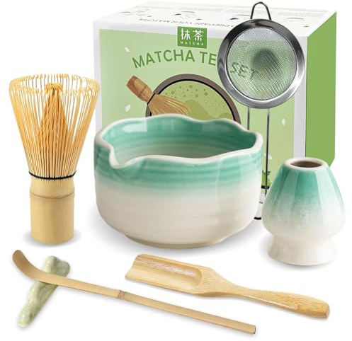 JBER Matcha Kit 7 Piezas - Kit Té Matcha de Ceremonia Japonesa con Tazón con Pico, Batidor de Bambú y Accesorios Completos, el Juego de Matcha Perfecto para Amantes del Té Matcha, Gradiente Azul