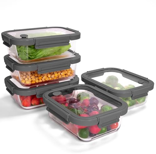 BOROHOUSE 5er-Pack Borosilikatglasbehälter mit gehärtetemDeckel, 1040 ml/ 4,4 Tassen, luftdichtes Mahlzeiten-Vorbereitungs-Set, mikrowellen-/gefriergeeignet/ofenfest-20℃~510℃, Grau