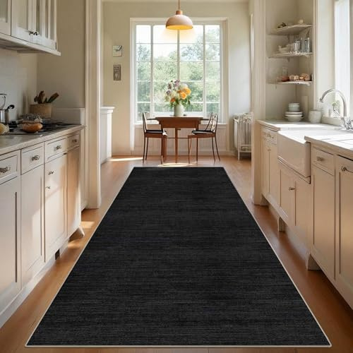 TEHWDAIYOU Teppich Läufer Flur Langer Küche Teppich rutschfest Waschbar Teppichläufer Flurteppich Küchenteppich Anti Rutsch Korridor Teppiche Läufer Flur für Küche Eingang, Schwarz, 40 x 200 cm