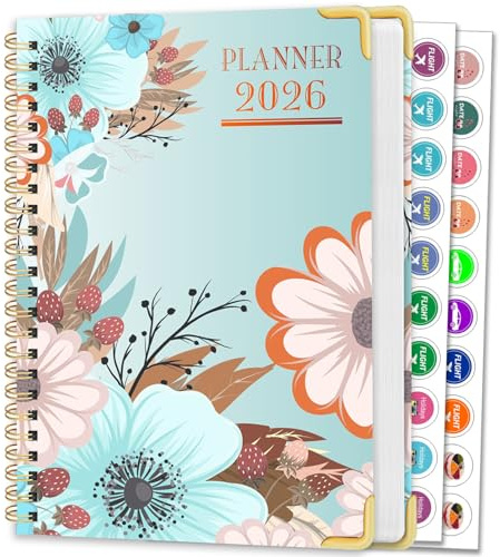 AEYAKA Agenda 2026 – Semainier & Mensuel Relié 15,8×21,7 cm, Design Floral, Organisateur avec Onglets, Notes et Autocollants, Planificateur de Productivité pour Bureau, Études & Maison A261