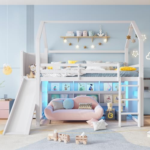 Merax Hochbett Kinder 90x200 cm mit Rutsche & LED-Leiste – Etagenbett in Hausform mit Regalen & Stauraum, Jugendbett weiß, ohne Matratze
