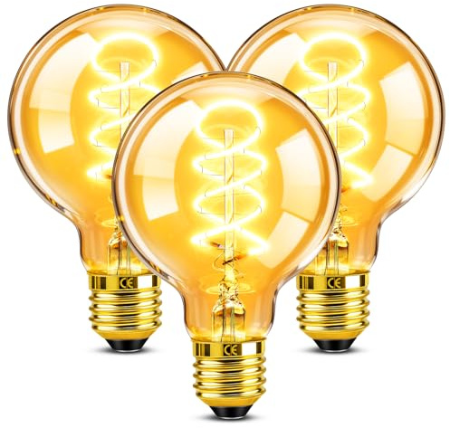 Vintage Edison Screw Light Bulb E27 Dimmable, 4W G80 LED Filament Lamp, 40W Equilavent, Antique Style Retro Amber Glass 2200K Warm White, Globe Spiral Decorative Bulb for Cafe, Restaurant, 3 Pack