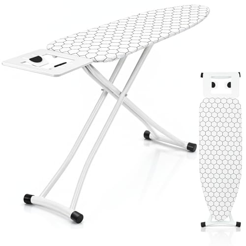 SUNNYNEST 110x32cm Folding Ironing Board with 6 Adjustable Heights (66-77cm) – Lightweight Design, Cotton Cover & Non-Slip Feet (White Square Pattern)