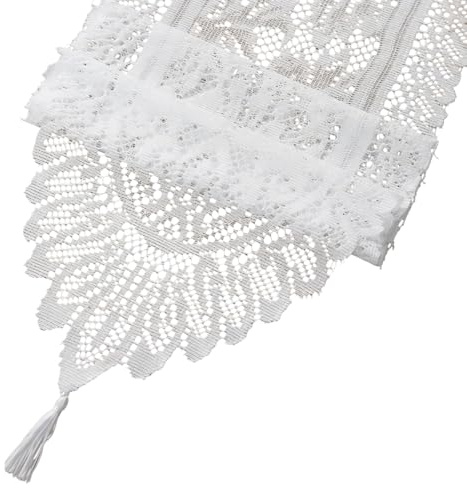 Vintage Floral Embroidered Lace Table Runner with Tassels, 33x91cm White Lace Tablecloth for Wedding Festival Centerpiece, Elegant Coffee Table Desk Top Decoration