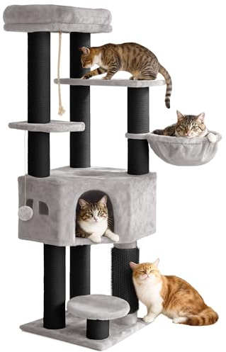 YITAHOME Kratzbaum, Katzenkratzbaum, für Große Katze, Katzenbaum, Katzenbürsten, 11 cm Dicke Stämme, Große Plattformen, Plüschkissen, Höhle, 50 x 50 x 157 cm, Hellgrau