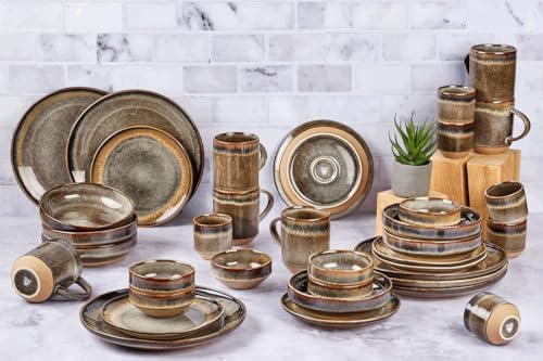 Servizio da tavola completo GENESIS BASALTE SR-COGB26 BJORN, 36 pezzi in gres, sfumato marrone vulcanico, per 6 persone, compatibile con lavastoviglie