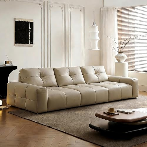 Medeltida italiensk enkel beige lädersoffa, rymlig och mjuk soffa med massiv träram, modern stor storlek, lämplig för vardagsrum/kontor/lägenhet.