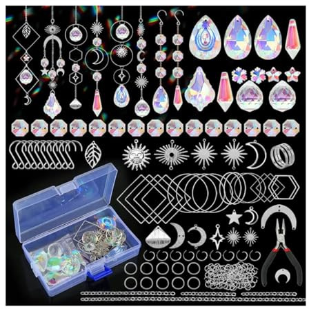 Crystal Stone 200PCS Crystal Prism Sun Catcher Garland Bead Chain Pendant Decor Crystal Stone Holder Necklace(Silver)