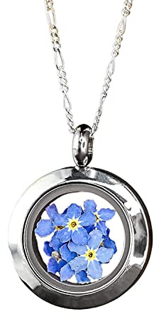 MadamLili 925 Sterling Silber Medaillonkette | Mit echten Vergissmeinnicht-Blüten | Andenken an Verstorbene | Geschenk für Frauen, Mama, Schwester & Beste Freundin | Erinnerungsschmuck