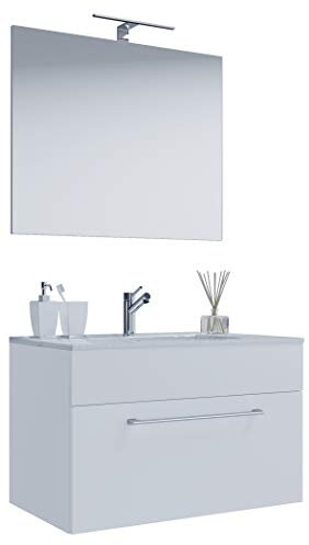 VCM 3-TLG. Waschplatz Waschtisch Badmöbel Set Waschbecken Badinos Schublade Spiegel 80, Weiß