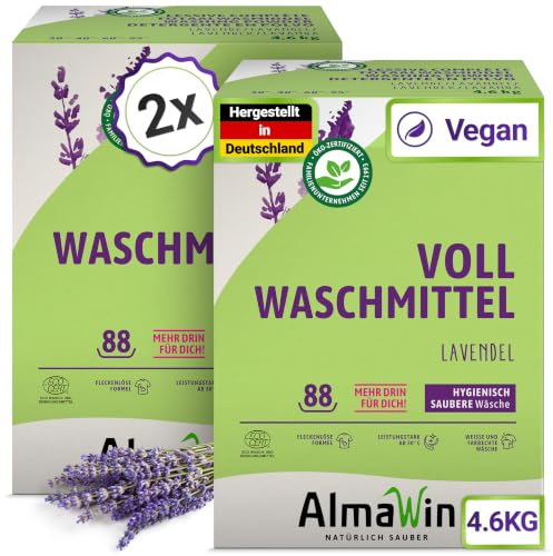 AlmaWin® Vollwaschmittel Pulver [2x 4,6kg - 176 Ladungen] mit Lavendel-Duft für strahlende Reinheit - Waschmittel Pulver für alle weißen & farbechten Textilien [30-95°C] - Veganes Voll-Waschpulver