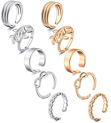 Rajnard Zehenring Fingerringe Gelenkringe Verstellbares Band Knöchel Fußring Blütenblatt Verschiedene Arten Chirurgischer Stahl Für Frauen Mädchen 10Stk Silber/Rosegold Set