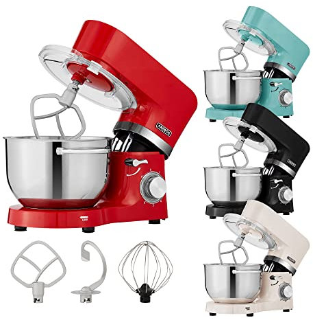 Arebos Küchenmaschine 1500W Rot | Knetmaschine mit 2x Edelstahl-Rührschüsseln 4,5 & 5,5L | Geräuscharm | Küchenmixer mit Rührhaken, Knethaken, Schlagbesen und Spritzschutz | 6 Geschwindigkeiten