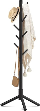 Haddockway Wooden Coat Rack Stand with 8 Hooks New Zealand Pine 3 Adjustable Coat Standing Tree Easy Assembly for Coats, Hats, Scarves and Handbags for Entryway, Hallway, Bedroom, Office