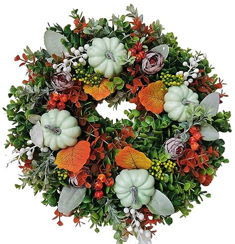 Thanksgiving Autumn Wreath Frame for Front Door Outside丨13 inch White Pumpkins Ranunculus Wreath Fall Decor for Front Door 丨Halloween Christmas Wreath Garden Home Decorations Festival