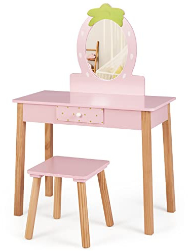 LIFEZEAL 2 in 1 Schminktisch Kinder, Kosmetiktisch Kinderschminktisch mit Schublade & Hocker, Friseurtisch mit abnehmbarem Spiegel im Erdbeermuster, Make up Tisch inkl. Zubehör für Mädchen, Rosa