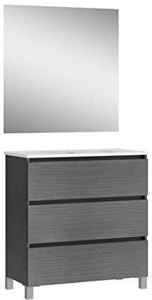 Baikal, Conjunto de baño Natura. Mueble de Baño de Fondo Reducido, con Lavabo cerámico. Distribución Tres Cajones. Mueble MONTADO. Tres Cajones con Espejo. Fondo 39cm 80 cm Ceniza