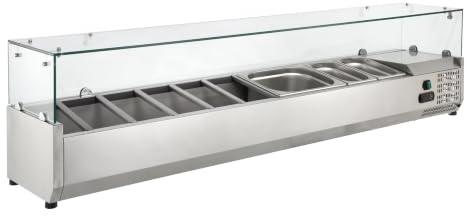 GastroHero Kühlaufsatz 9 x GN 1/4 mit Glasaufsatz, Edelstahl VRXH1800/330 | Kühlaufsatzvitrine 180 x 33 x 42 cm, digitales Thermostat, inklusive 5 Zwischenstege, mit statischer Kühlung 2 bis +8 °C