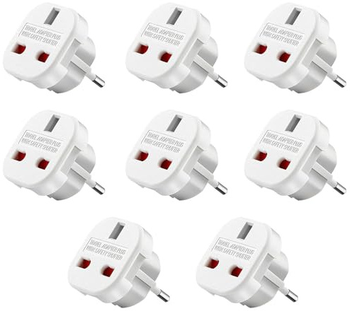 Fiotha Reiseadapter UK auf EU, 8 Stück – Adapter für England nach Deutschland, Frankreich, Irland, Niederlande, Polen, Schweden mit Sicherheitsverschluss