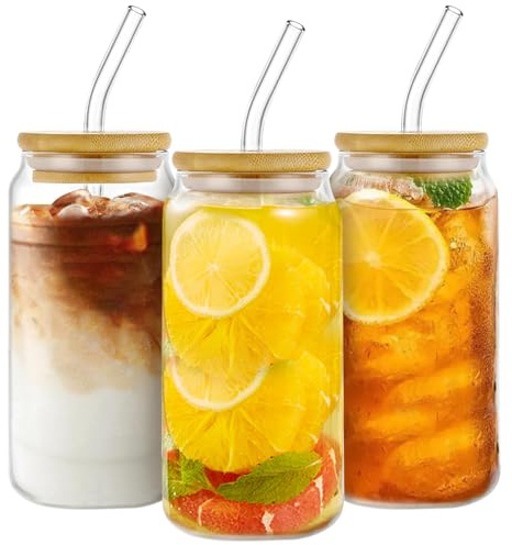 WOPPLXY 3er Set Glas mit Deckel und Strohhalm, 550 ml Trinkglas mit Strohhalm und Deckel, Glasbecher mit Deckel und Strohhalm für Cocktails, Eiskaffeetassen, Smoothies, Säfte