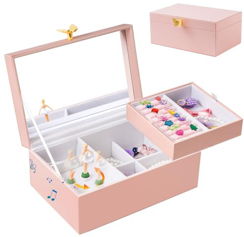 ProCase Musiksmyckeskrin för barn med ballerina och fjärilshandtag, speldosa, 2 lager smyckesförvaring för kvinnor – rosa