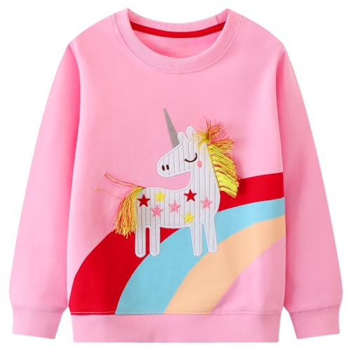 JinBei Sweatshirt för flickor barn tröja bomull topp casual jumper småbarn enhörning häst tryck långärmad skjorta ålder 2–7 år, storlek 92–122, Regnbågehäst, 104/110 cm